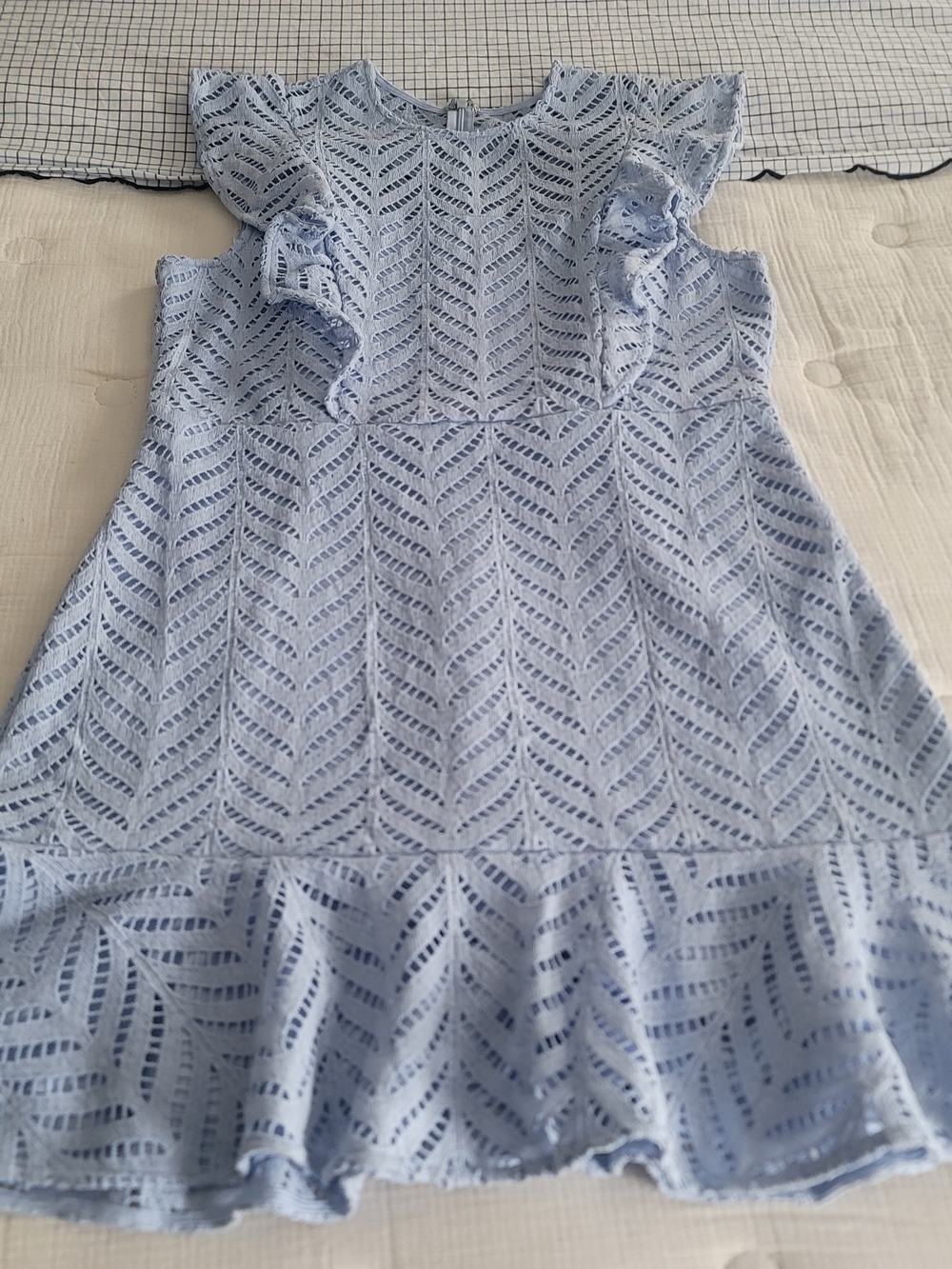 Aqua Light Blue Eyelet Ruffle Mini Dress, Size L